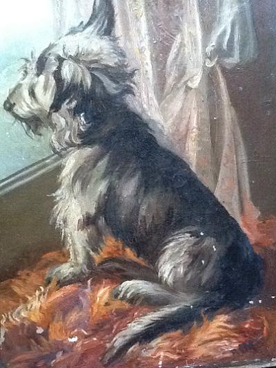 Antique Oil on Canvas - Dog Looking Out of Window