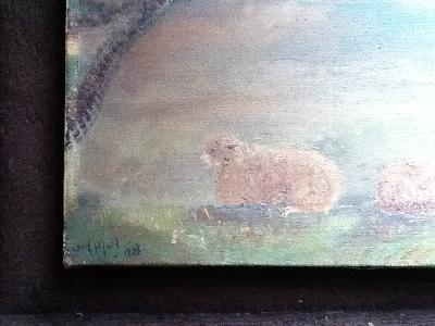 W.H. Capel - Two Old Primitive Oil Paintings, Sheep and Cottages 1908 & 12