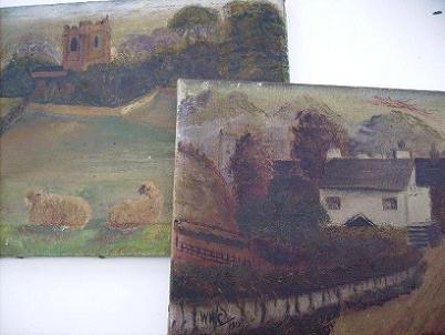 W.H. Capel - Two Old Primitive Oil Paintings, Sheep and Cottages 1908 & 12