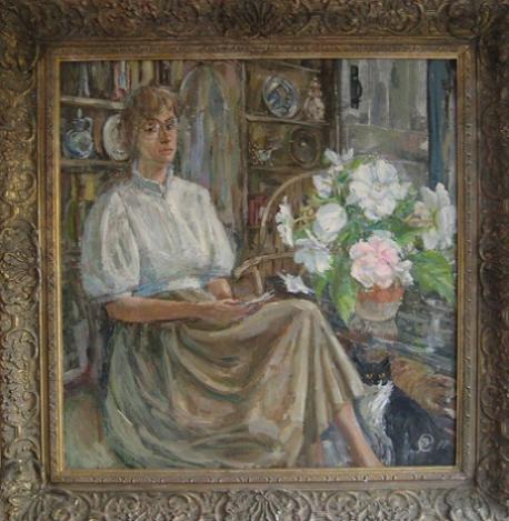 20th Century Ornately Framed Woman & Cat Painting - Oil on Canvas