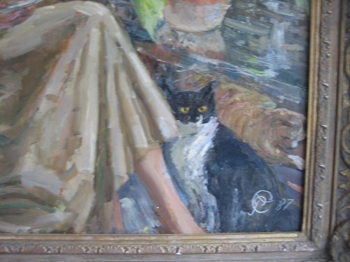 20th Century Ornately Framed Woman & Cat Painting - Oil on Canvas